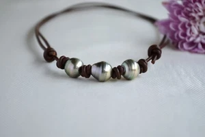 Three Tahitian Pearls Necklace Three Wishes Tahiti Pearl Adjustable Choker Yevga - Picture 1 of 9
