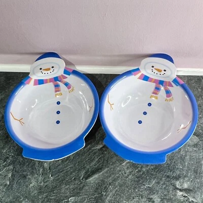 2 x Christmas Snowman Holiday 11" Serving Bowl Winter Party Snacks White & Blue - Image 1 of 2