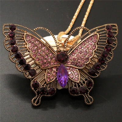 Nuevo Collar Cadena Mujer Moda Colgante Mariposa Vintage Cristal Púrpura Foto 1 de 2