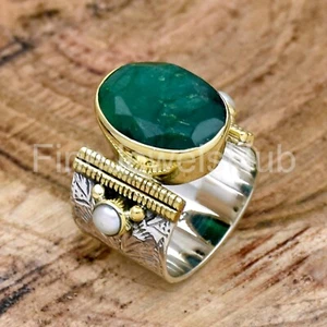 Esmeralda india, plata de ley 925, esmeralda creada en laboratorio, anillo de dos tonos talla 8 - Imagen 1 de 6
