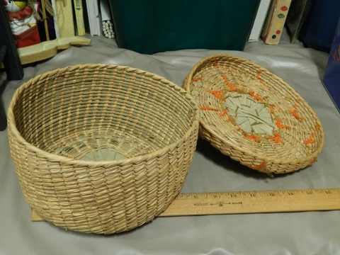 Woven Basket ~ Vtg Retro Decor ~ (9'') Round Storage Container ~ Orange/Tan Cover