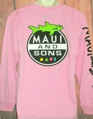 Maui and Sons Mens Shark Graphic T-Shirt Long Sleeve Logo Pink Size L NEW - Image 1 of 2