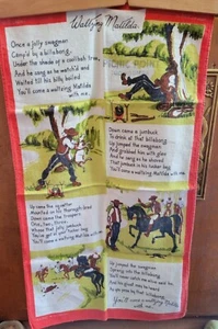 Vtg Linen Kitchen Dish Towel Waltzing Matilda Australia Picnic Point 16” x 29” - Picture 1 of 5