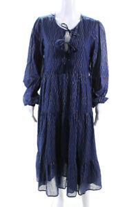 Oliphant Womens Blue/Gold Cotton Printed V-Neck Long Sleeve Shift Dress Size S