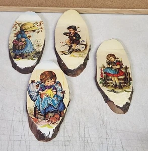 Lot Of 4 Vintage Retro Miniature Art Prints On Wood W/ Bark Edge - Children  - Picture 1 of 23