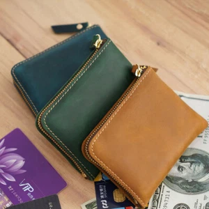 Genuine Leather Small Wallet Travel ID Credit Cards Holder Zipper Pocket Purse - Picture 1 of 21