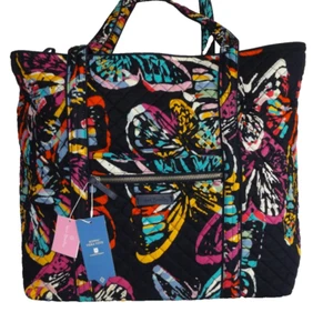 Vera Bradley Iconic Vera Large Zip Tote Bag - Butterfly Flutter Navy Blue - NWT - Picture 1 of 8