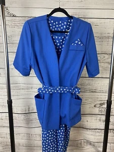 Blue And White Floral Vintage Dress Size 14P w/ Jacket & Belt - Picture 1 of 5