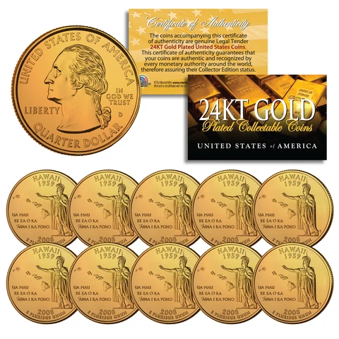 2008 Hawaii State Quarters U.S. Mint BU Coins 24K GOLD PLATED (LOT of 10) Cover