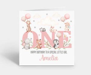 Personalised 1st Birthday Card Little Girl Pink One Cute Zoo Animals