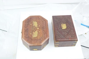 Vintage kleine Holz Schmuckschatulle Messing Blatt Intarsien Holzschmuck Handarbeit Blätter - Bild 1 von 5