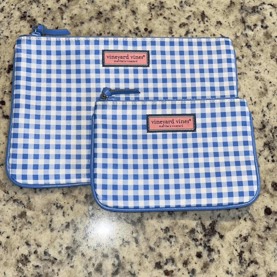 Vineyard Vines Juego de 2 bolsos cuadrados de guinga para mujer azul blanco Foto 1 de 4