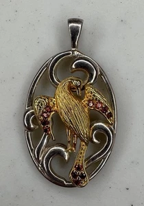 Used 925 Sterling Silver Peacock / Bird Pendant, Gold Tone W/ Red Stones - 7.7g - Picture 1 of 10