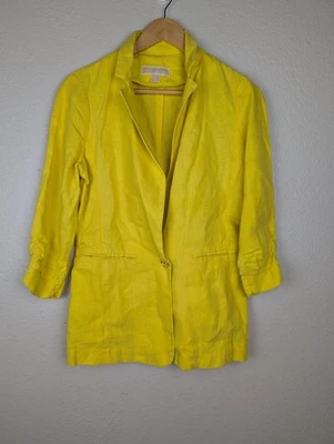 Michael Michael Kors Blazer Womens 4 Yellow Linen Look Ruched Sleeve Jacket - Image 1 of 4