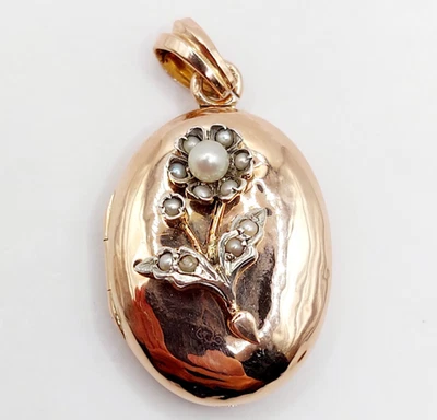 Pendentif porte photo antique or rose 18k fleur et perles (circa 1900) - Photo 1/4