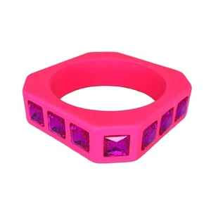 Rhinestone Bangle Bracelet Matte Hot Pink Chunky Square Glass Lucite Resin - Picture 1 of 6