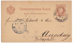 K&K Österreich Correspondenz-Karte/Brief 2 Kr. KRAKAU Bahnhof 9.9.1883/Augsburg - Bild 1 von 3