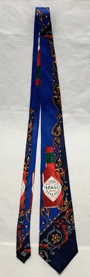 Tabasco Silk Tie Men USA 61" Long 4" Wide Sauce Bottle Chile Pepper Blue Suite - Image 1 of 4