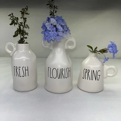 RAE DUNN 3x Loop-Handle Bud Vase FLOURISH FRESH SPRING Ivory Artisan EASTER - Image 1 of 4