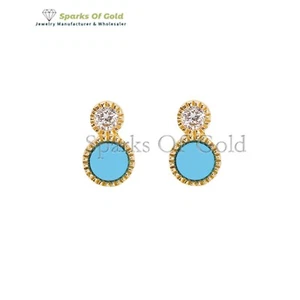 Pendientes Doble Punto Turquesa Diamante Natural Oro Amarillo 14k Joyería Fina Gif - Imagen 1 de 4