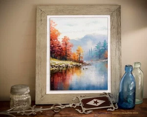 Foggy Lake Watercolor Art Print Misty Mountain Lake, Foggy Forest Painting Print - Picture 1 of 16