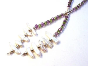 925 Sterling Silver 120cttw Faceted Amethyst Peridot & Pearl Lariat Necklace F81 - Picture 1 of 1
