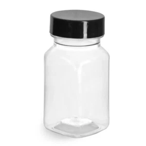 10X 2 oz Clear PET Square Bottles w/ Smooth Black PE Lined Caps TEN NEW - Picture 1 of 10