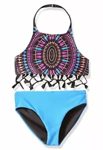 Jantzen Girls 12 Neon Tribe Tankini Swimsuit Reversible Bottoms Knotted Tassles - Picture 1 of 5