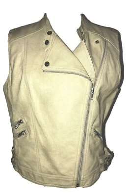 Chaleco MM Couture Para Mujer Sin Mangas Crema Marfil Envejecido Forrado Imitación Cuero L Foto 1 de 4