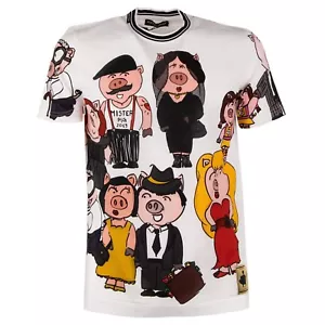 DOLCE & GABBANA Pigs Printed Cotton T-Shirt with Logo Sticker White 11066 - Picture 1 of 4