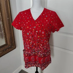 Laura Ashley Floral Paisley Scrub Top Size M Red Ditsy Whimsical Nurse Wear - Picture 1 of 11