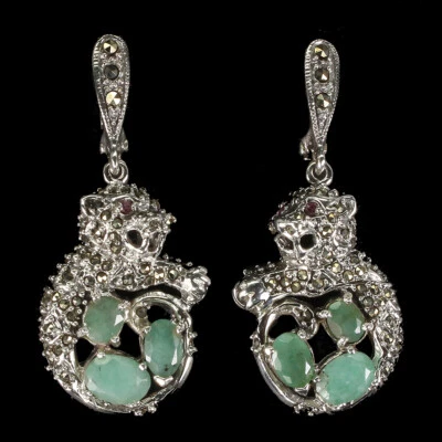 925 Sterling Silber Ohrringe Oval Smaragd Rubin Markasit Tiger Edelstein Schmuck - Bild 1 von 4