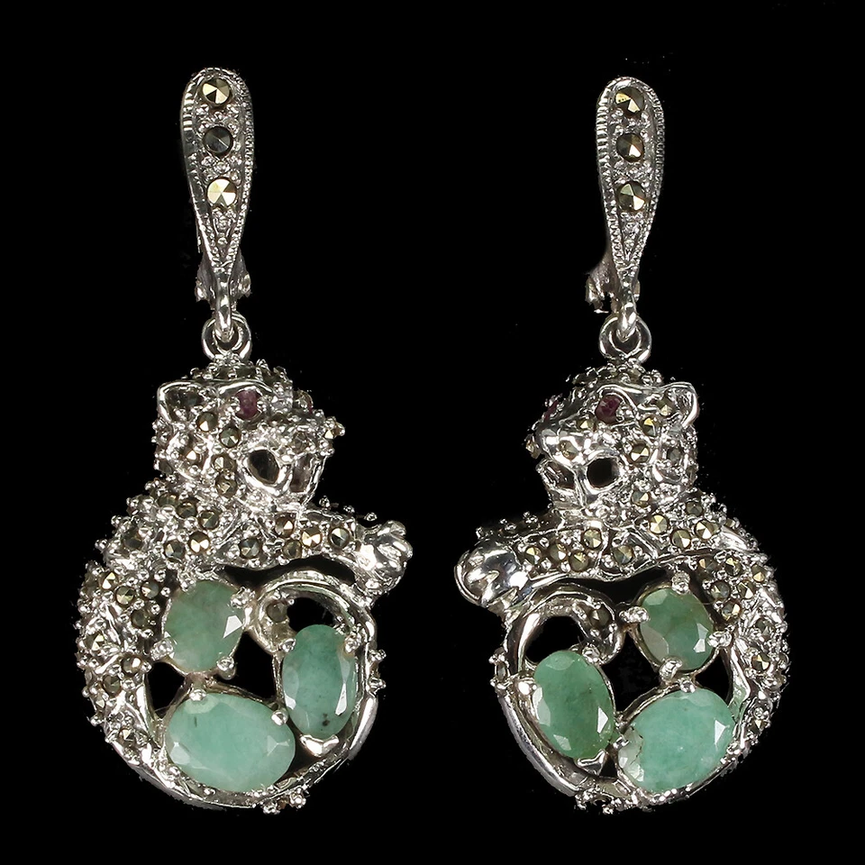 925 Sterling Silver Earrings Oval Emerald Ruby Marcasite Tiger Gemstone Jewelry - Image 1 of 4