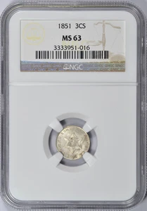 1851 THREE CENT SILVER NGC MS63 NICE COIN - Picture 1 of 3