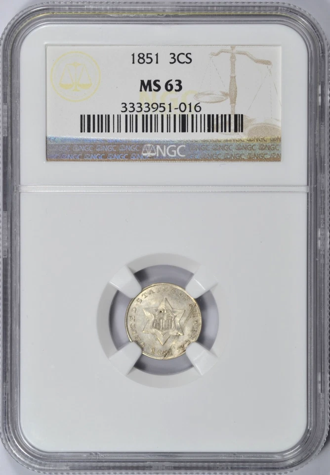 1851 THREE CENT SILVER NGC MS63 NICE COIN - Image 1 of 3