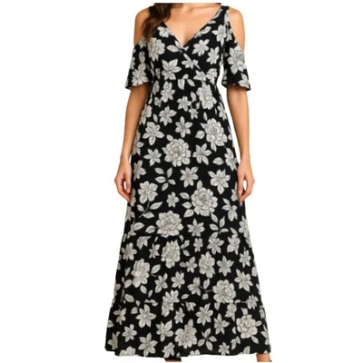 Charlotte Russe Women's Maxi Dress  M Cold Shoulder Ruffle Hem Floral Black Lq - Image 1 of 4