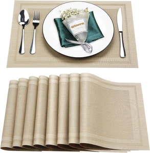 Beige Vinyl Woven Placemats Set of 8, Washable Non-Slip Table Mats - Picture 1 of 12