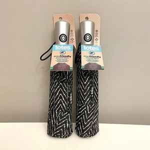 TOTES SUNGUARD CHEVRON BLACK WHITE ECO COMPACT AUTO OPEN UMBRELLA LOT X2 - Picture 1 of 10
