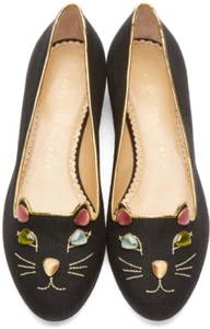  Charlotte Olympia Kitty On The Rocks Black Velvet Flats  Sz 4.5  $625 #DS   - Picture 1 of 8