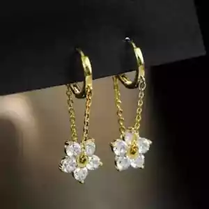 Orecchino pendente goccia 2 ct diamante taglio tondo placcato oro giallo 14 kt - Foto 1 di 9