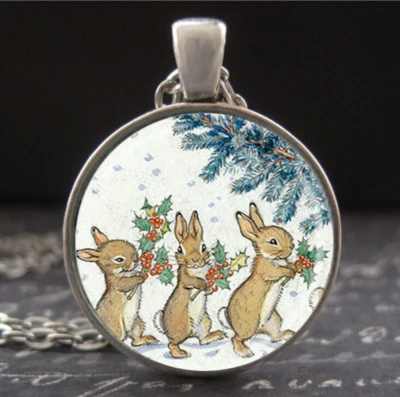 Snow Bunnies Necklace 3 Little Winter Rabbits Art Pendant Glass Silver Jewelry - Image 1 of 3