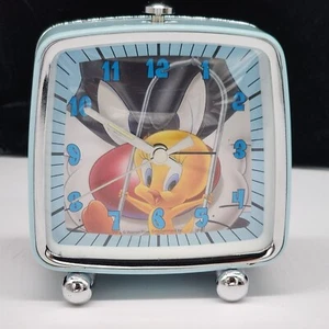Battery Operated Tweety & Silvester Alarm Clock Blue Metal Clear Glass Front UV - Picture 1 of 8