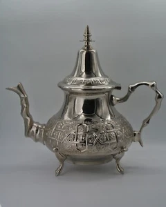 Moroccan Large Tea Pot Handmade Serving 12 Tea Cups Brass Silver Plated African - Picture 1 of 12