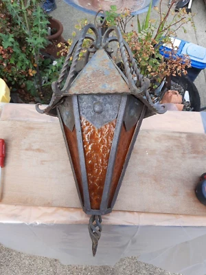 Vintage Wrought Iron Lamp Light Amber  Crackle Gothic Spanish Revival - Image 1 of 4