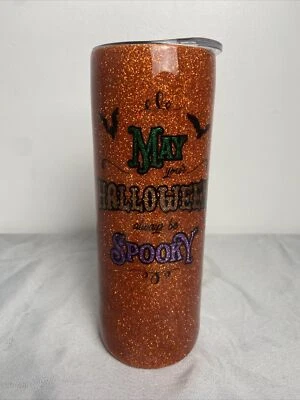 Halloween 20 Oz Pressed Tumbler Orange Glitter W/lid New  - Image 1 of 4