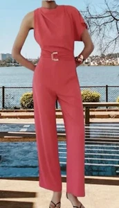 ZARA RED ASYMMETRIC CREPE BELTED GOLD BUCKLE JUMPSUIT SZ SMALL - Picture 1 of 6