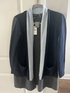 cardigan donna cashmere piccolo nuovo blu scuro con bordo azzurro morbido - Foto 1 di 5