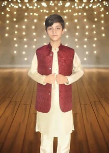 Eid Jungen Kurta Salwaar Kameez 3-teiliges rotes Weste Set, Größe 12 bis 26 Hochzeit - Bild 1 von 2