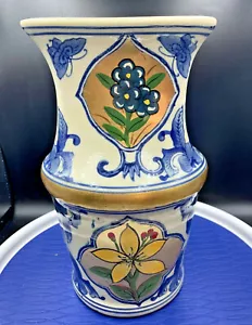 Vintage Tilted Hand Made Painted Pottery Ceramic Vase Blue Gold Gilt Mark 9.5” - Picture 1 of 5