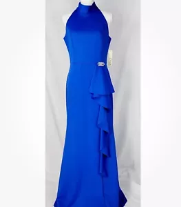 Eliza J EJ3-2548 High Neck Ruffled Front Sleeveless Gown Sapphire Blue Sz 12 - Picture 1 of 14
